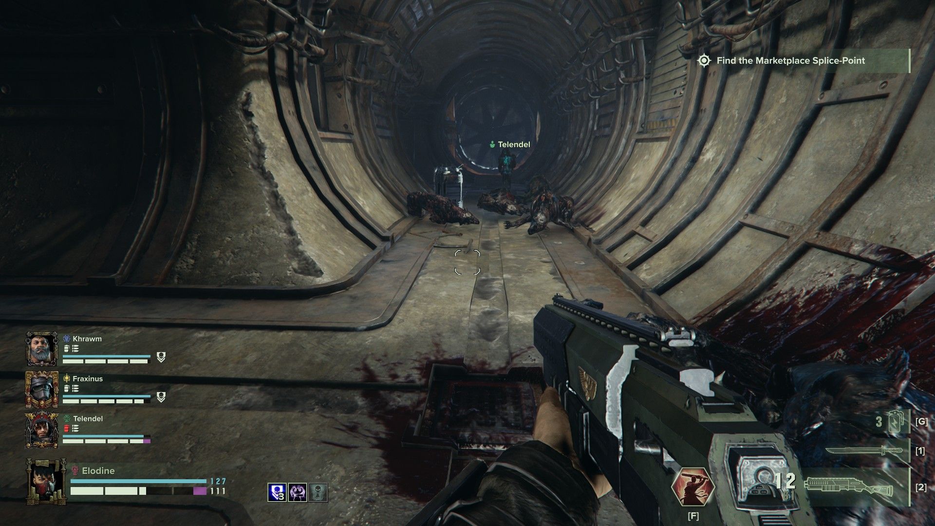 a team suffering a small amount of corruption in a bloodstained tunnel in warhammer 40,000: darktide