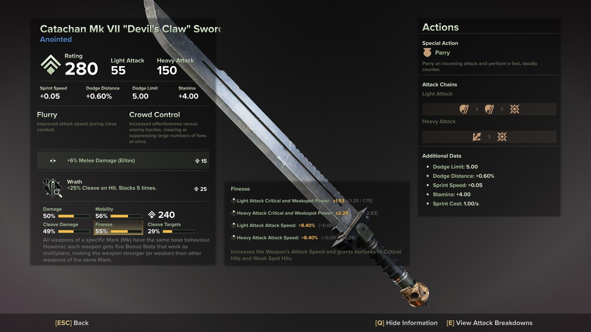 A Catachan Mk 7 Devil's Claw Sword in Warhammer 40k: Darktide with its Finesse stat highlighted