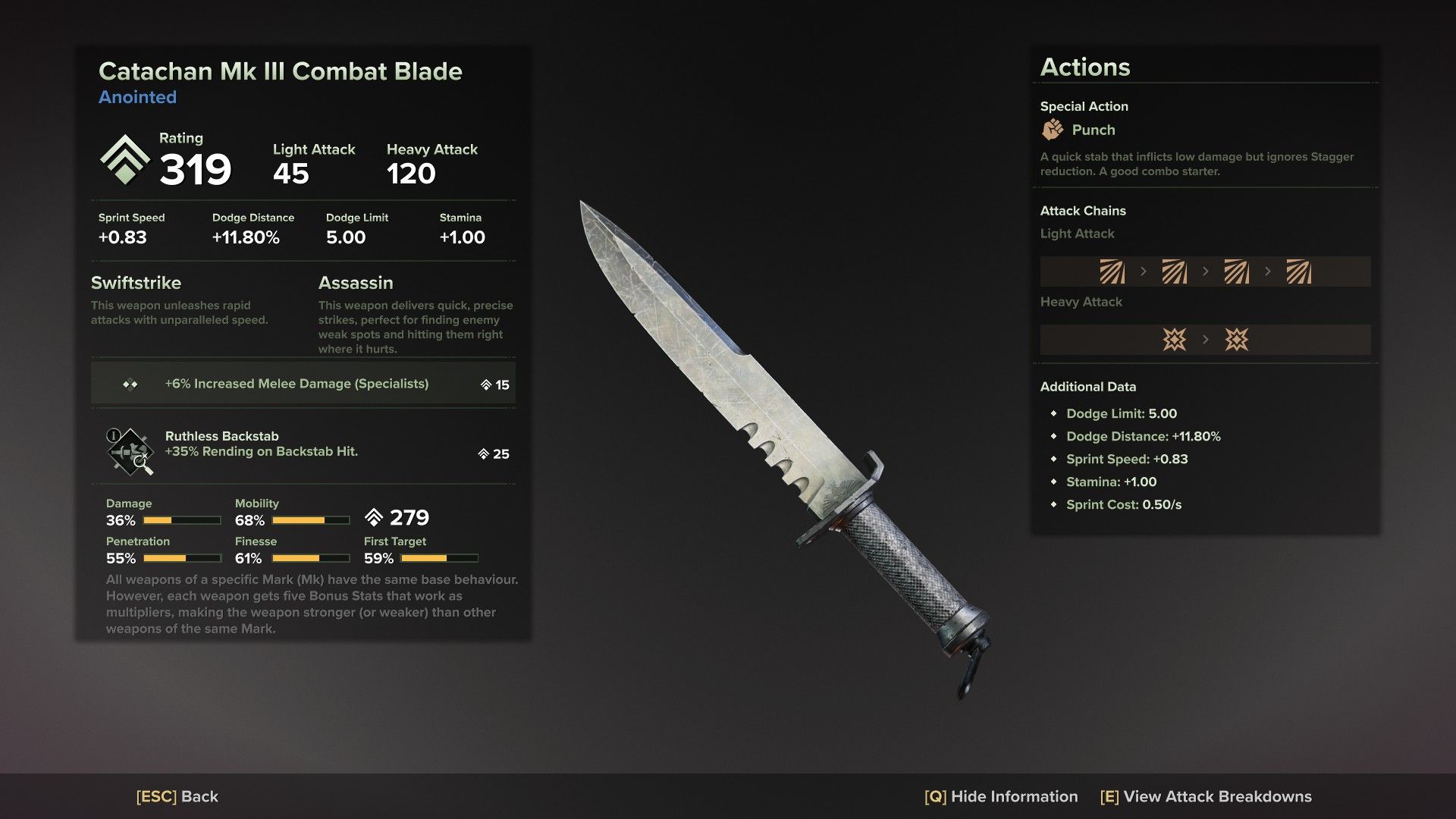 a Catachan Mk3 Combat Blade with Ruthless Backstab in Warhammer 40k: Darktide