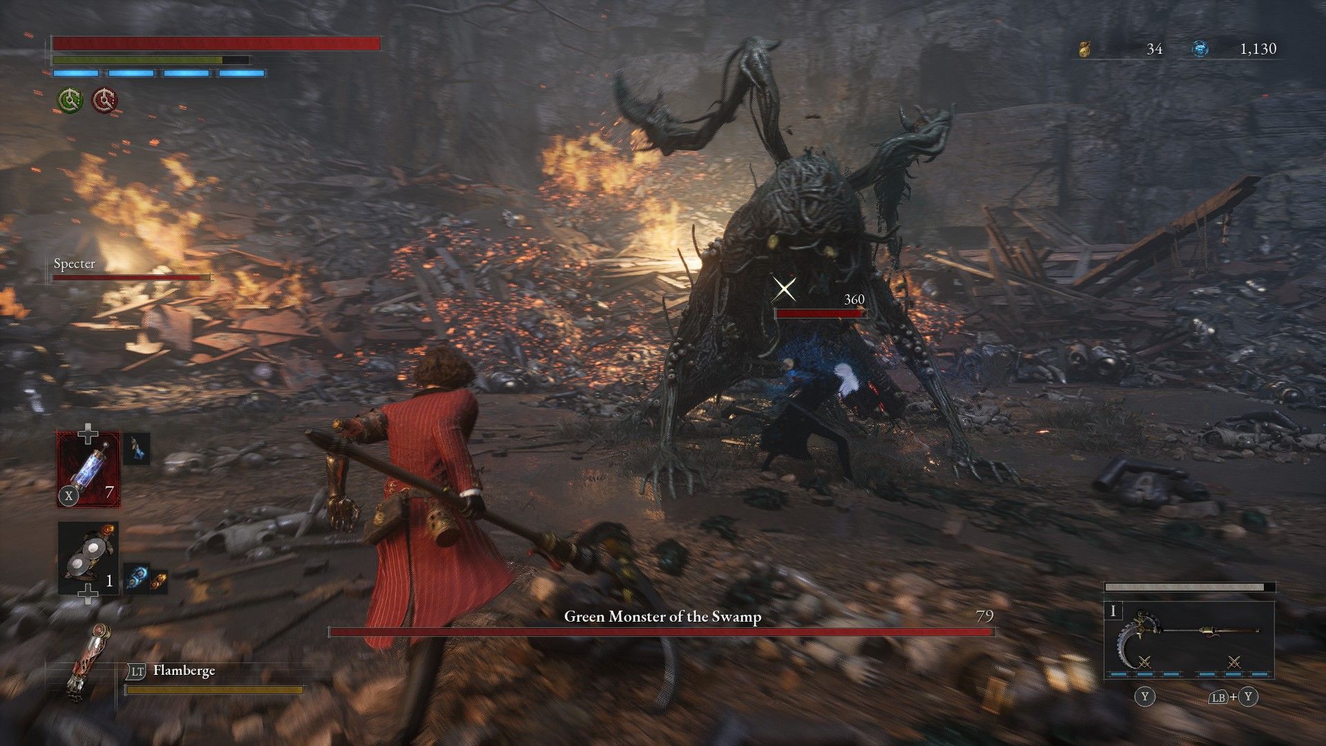 P runs with scythe to attack Green Monster while Spectre distracts in Lies of P