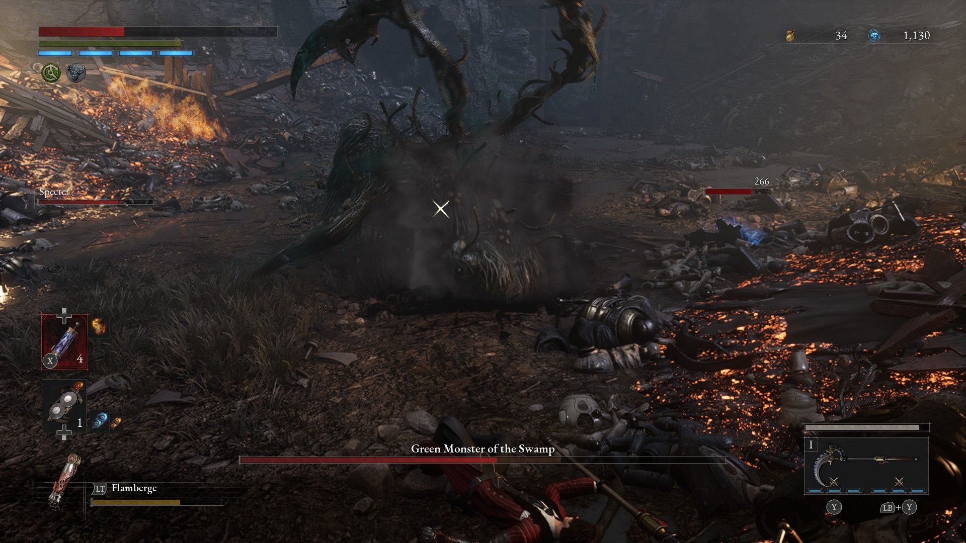 P lies on ground with Spectre after being struck with Green Monster's burrowing attack in Lies of P