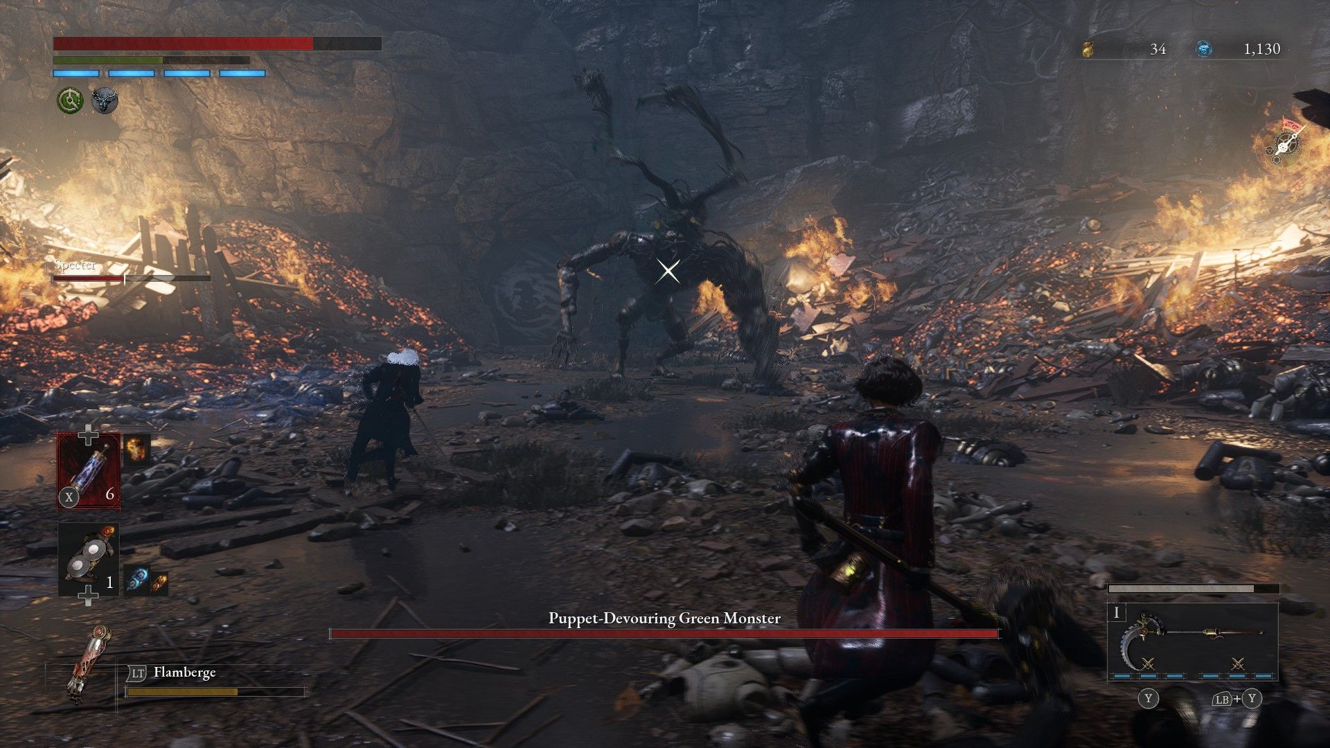 P and Spectre rush in to face the Puppet Devouring Monster during Phase Two in Lies of P