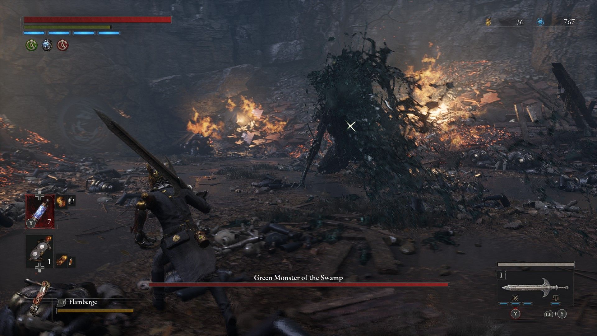 P runs to avoid Green Monster spewing decay during fight in Lies of P