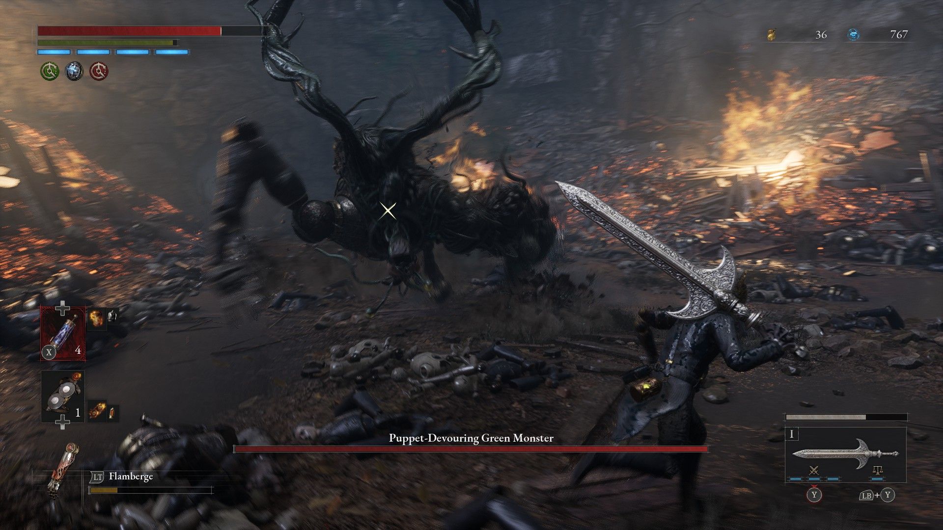 P sprints to the right to avoid the Monster Charge from the Puppet Devouring Monster in Lies of P