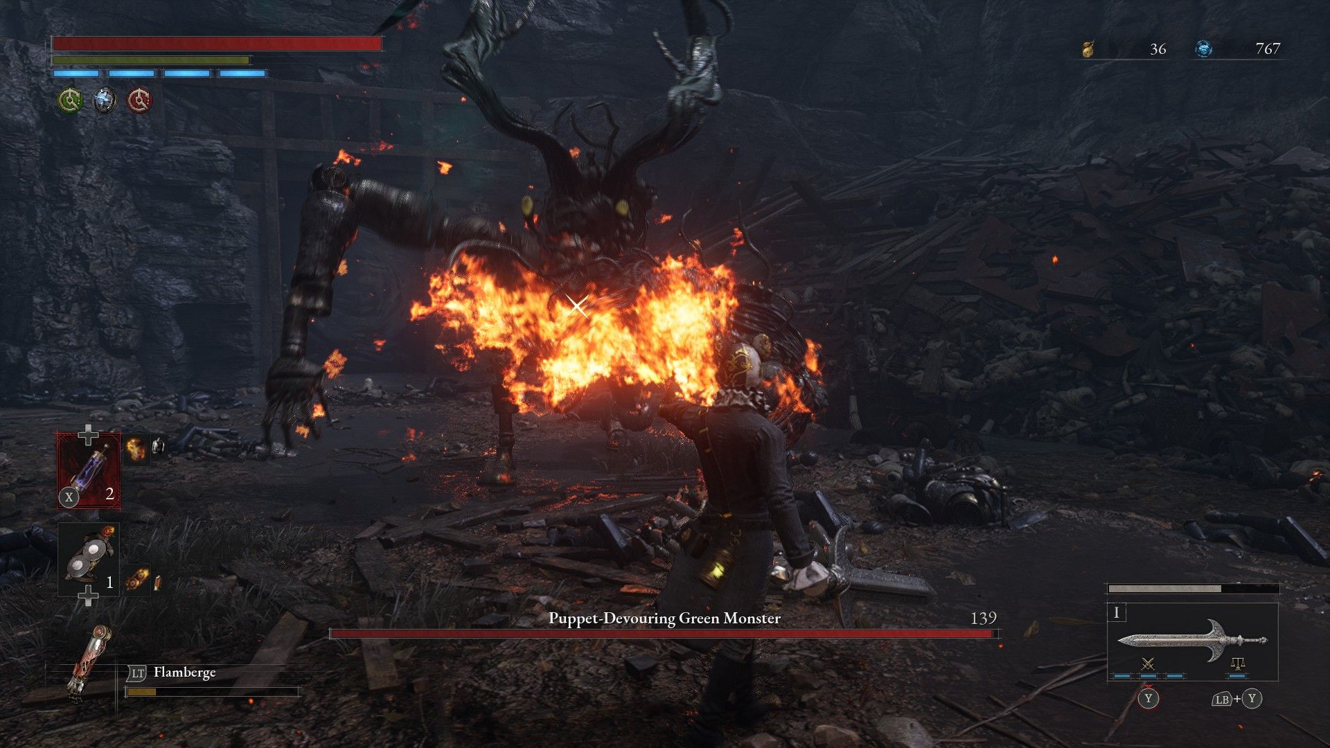 Motivity P uses Flamberge on Puppet Devouring Monster doing Crab Walk in Lies of P