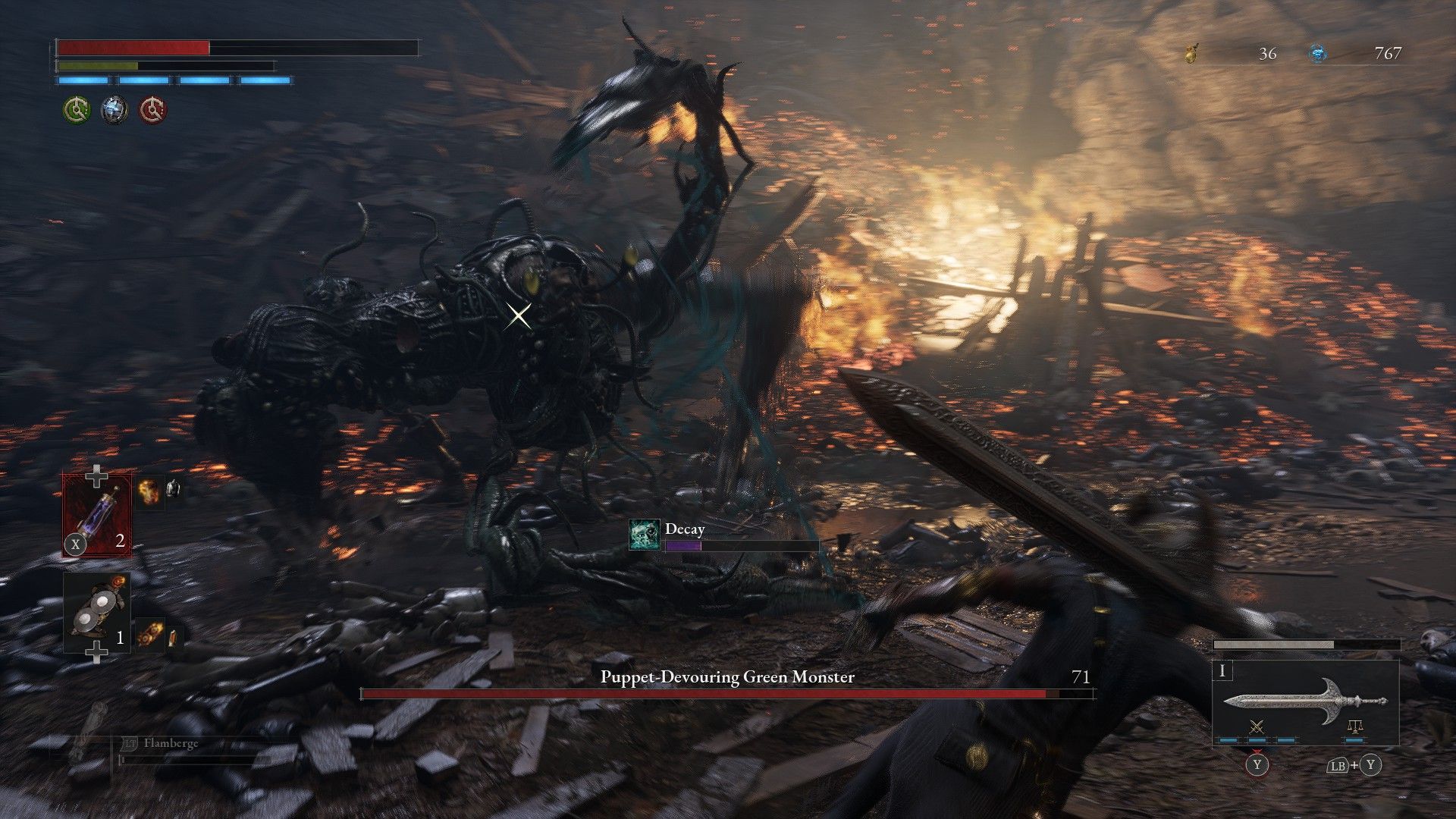 P is barely struck and dodges out of the way of the Puppet Devouring Monster's Tentacle Barrage in Lies of P