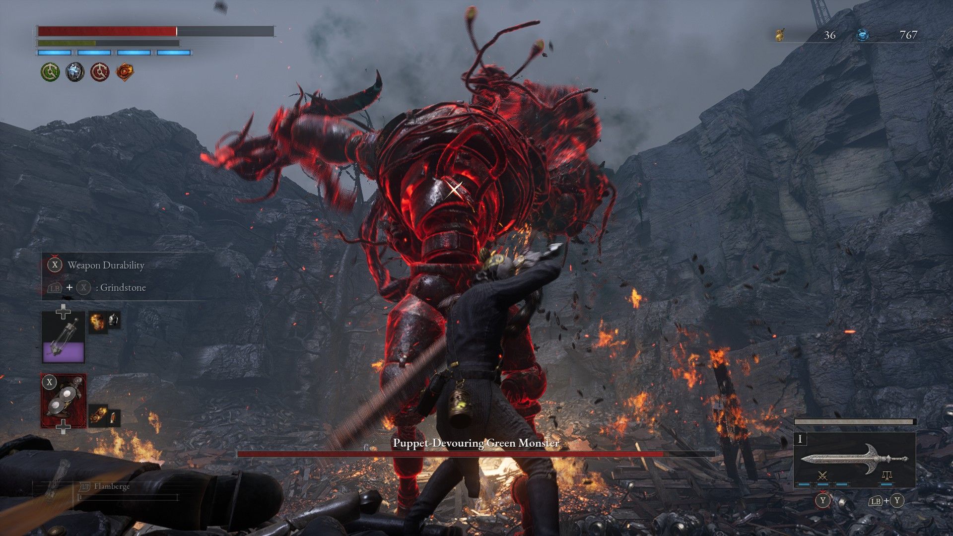 P holds block as Puppet Devouring Monster prepares to slam windup hammer on top of him Lies of P