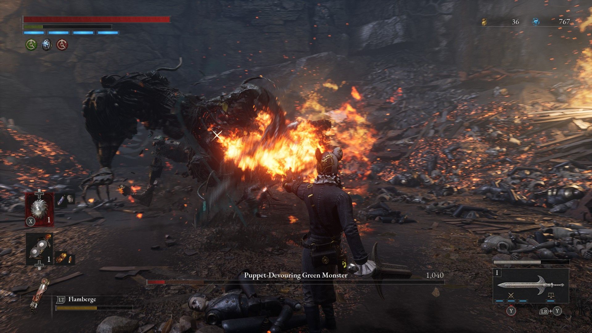 Motivity P defeats Puppet Devouring Monster using Flamberge in Lies of P