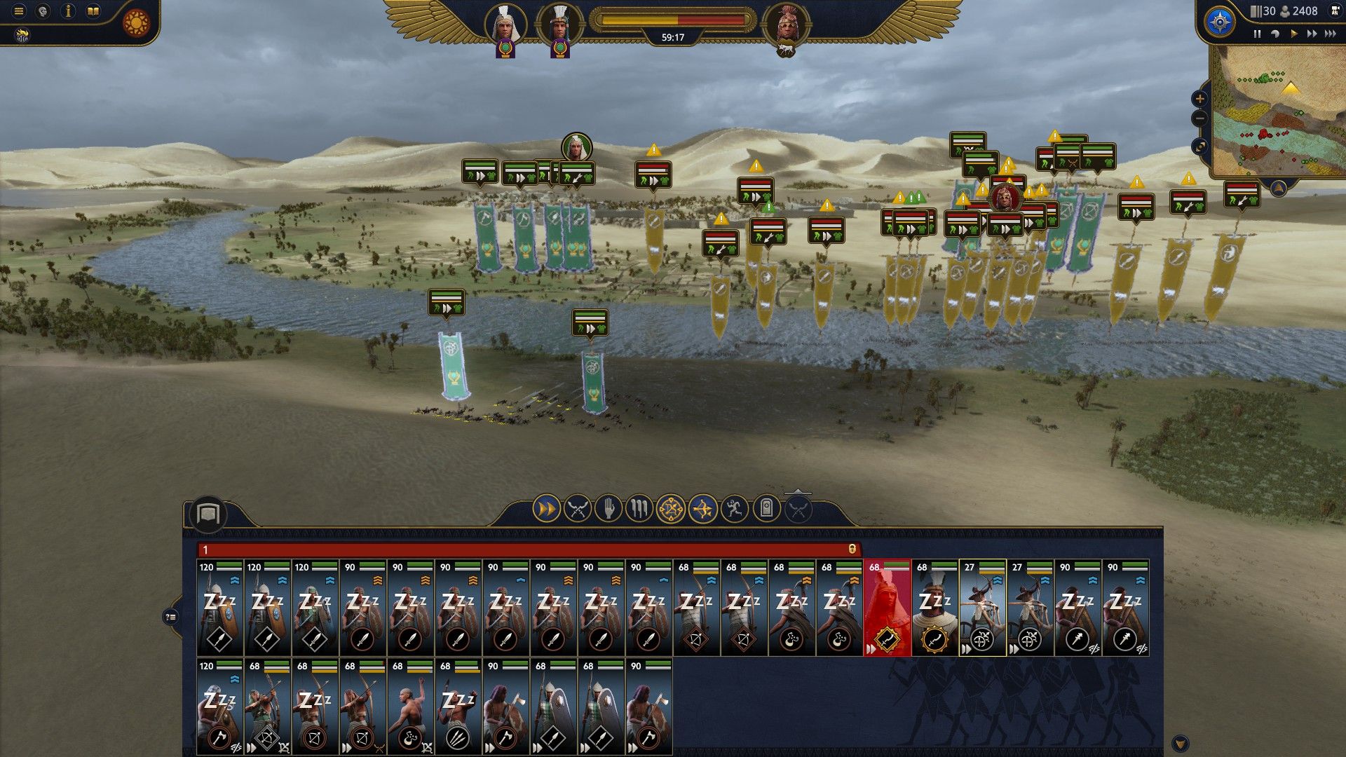 Tausret's soldiers attempt to trap a Libu army fording a river in Total War: Pharaoh