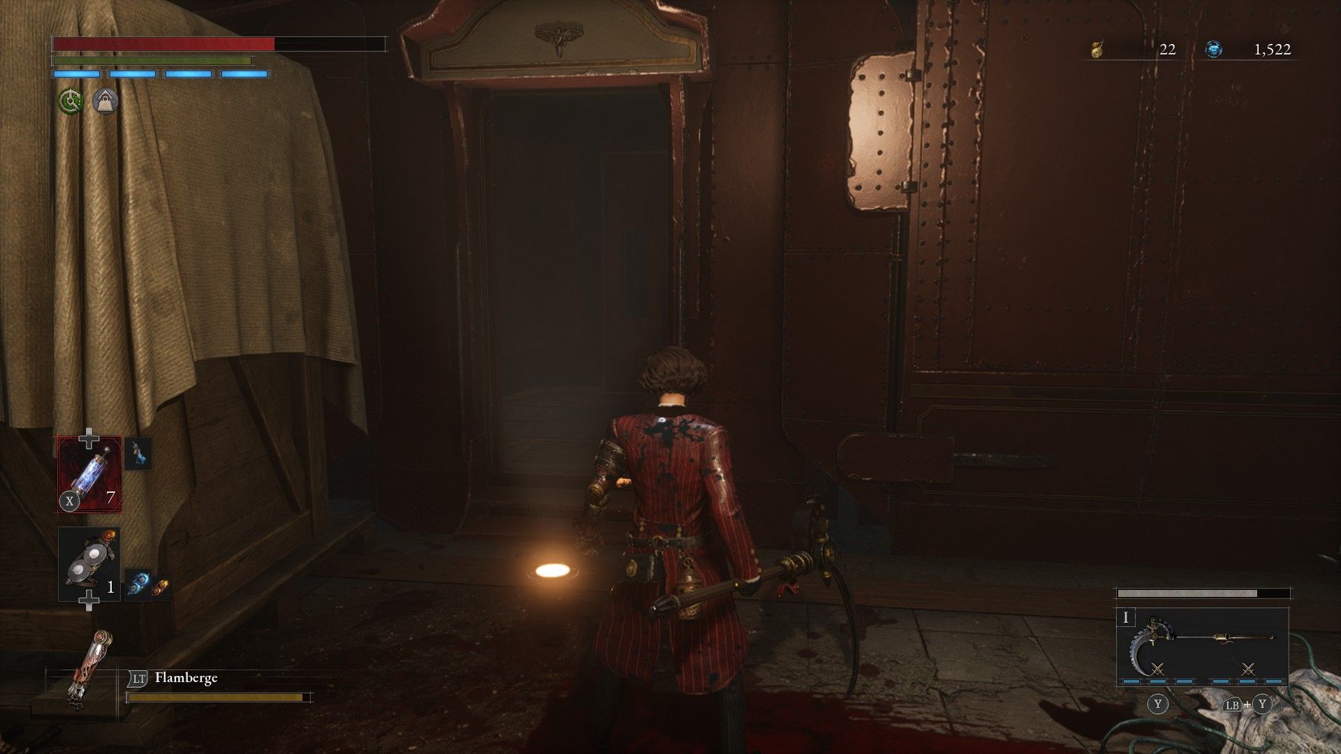 P looks into door of train after being attacked by a bloodsucker in Lies of P