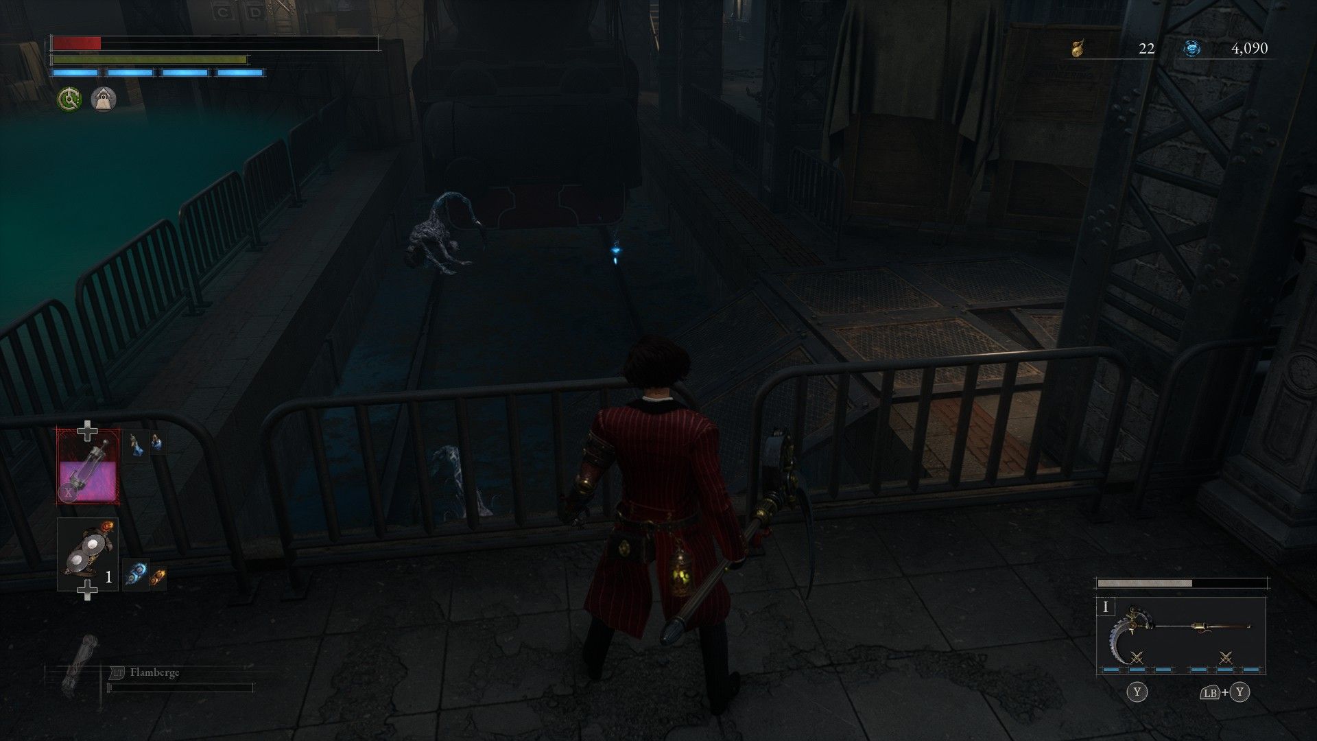 P looks down into pit of Decay where two bloodsucker carcasses lie in wait Lies of P