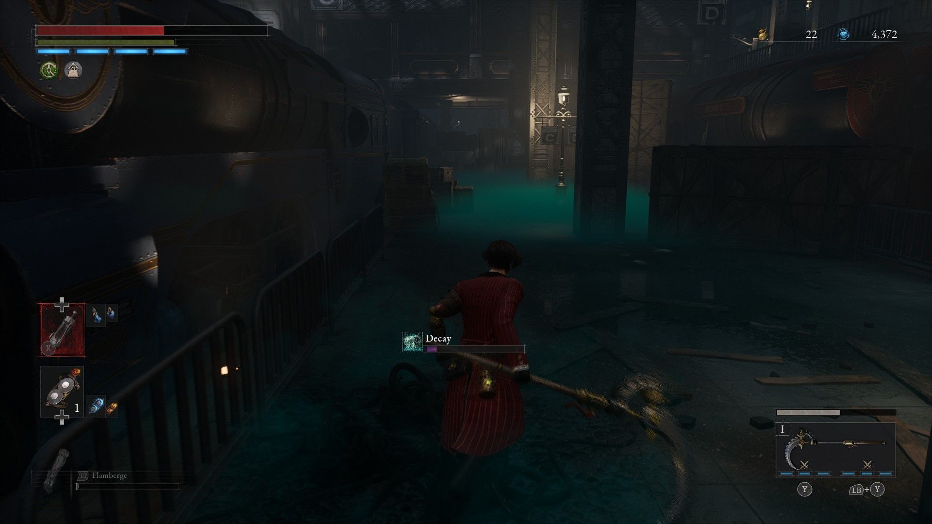 P runs down platform covered in Decay Mist unaware of carcasses behind crates in Lies of P