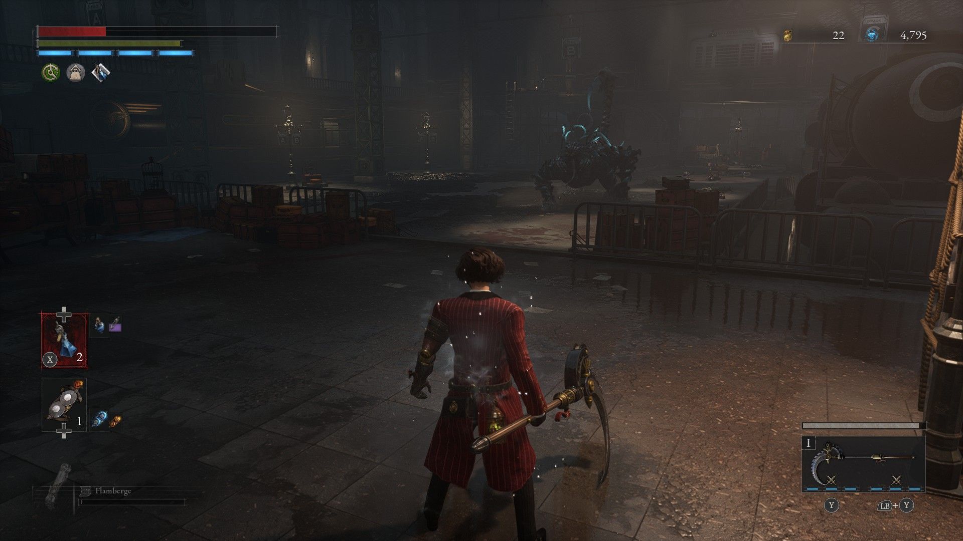 P looks down platform where scorpion beast is patrolling in Lies of P