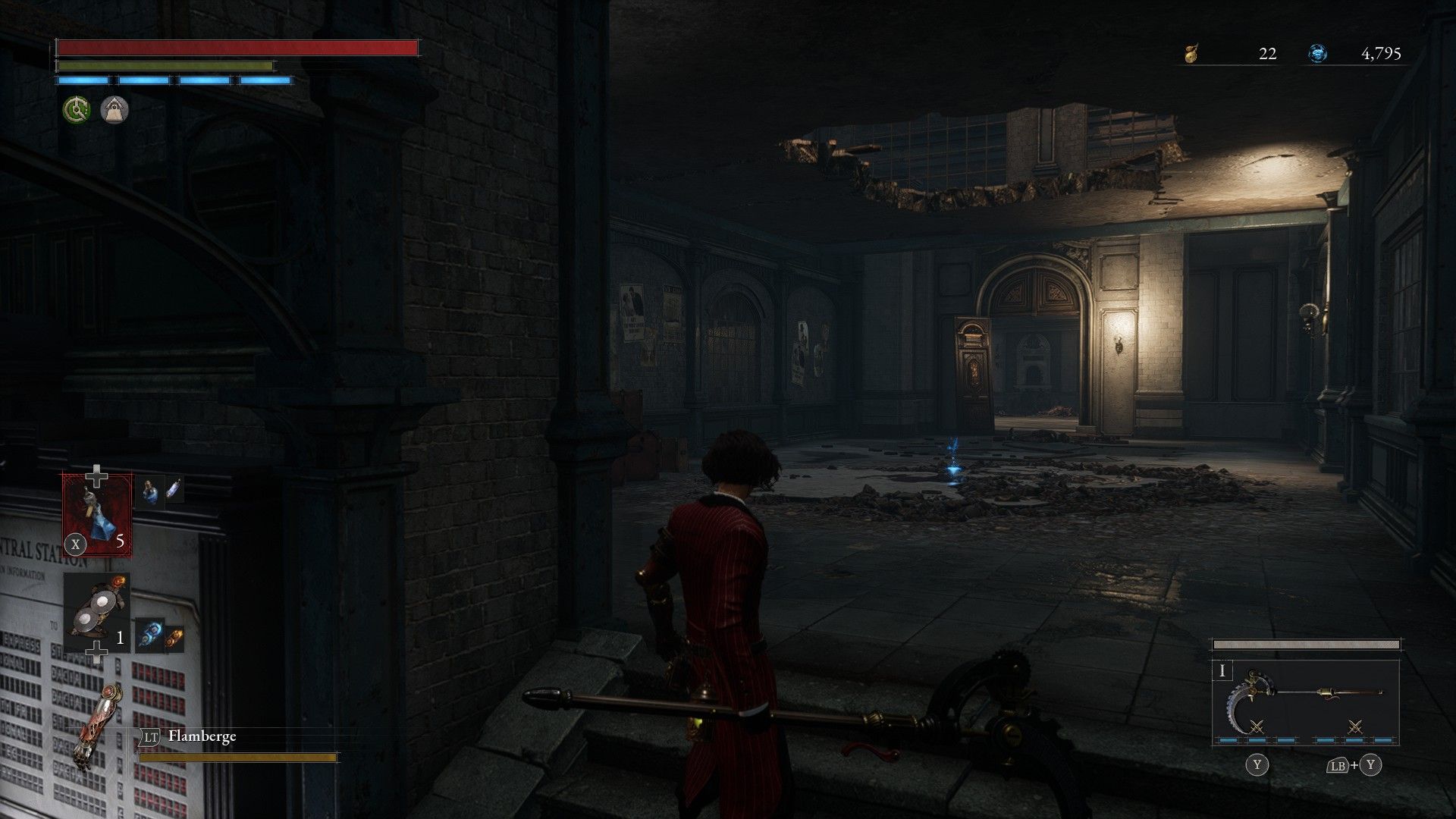 P looks at hole in the ceiling in central station where bloodsucker falls in Lies of P