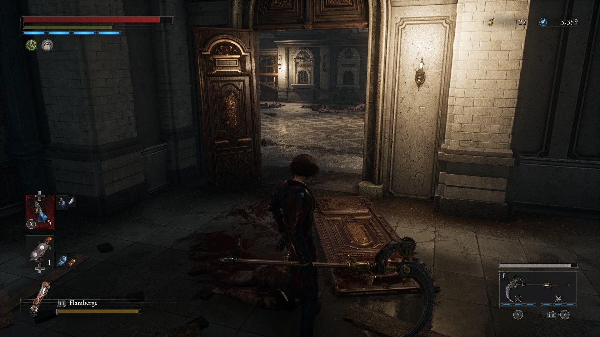 P faces door leading to the Robber Weasel boss in Lies of P