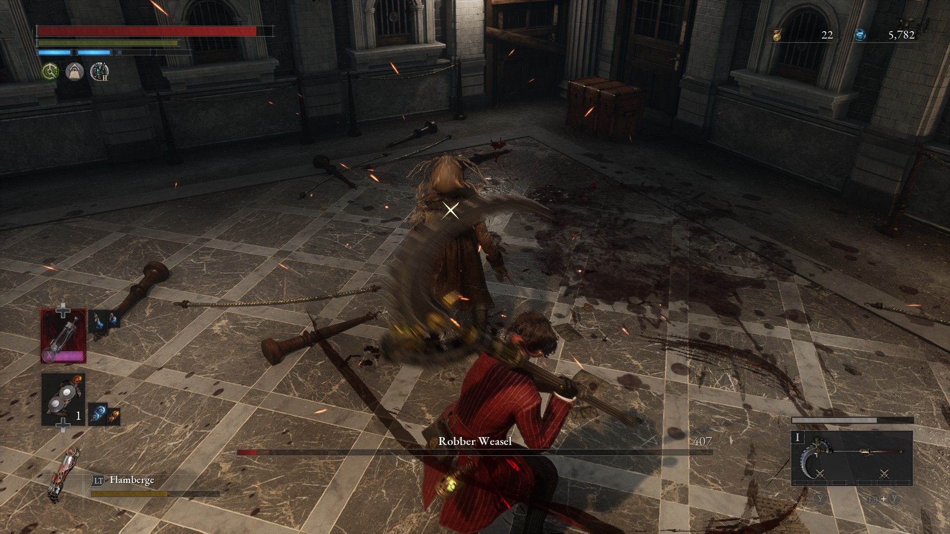 P lands a critical backstab hit in Robber Weasel and defeats her in Lies of P