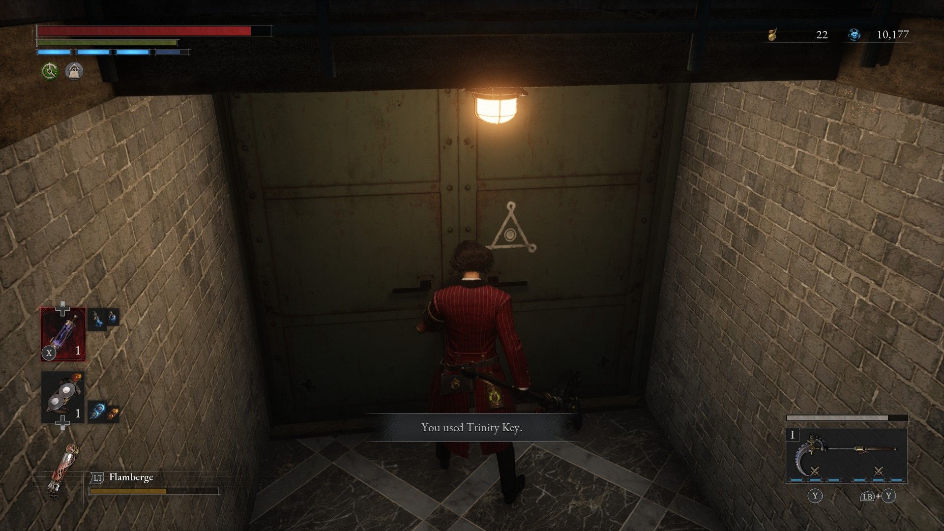 P finds room marked with triangle and opens with a Trinity Key in Lies of P
