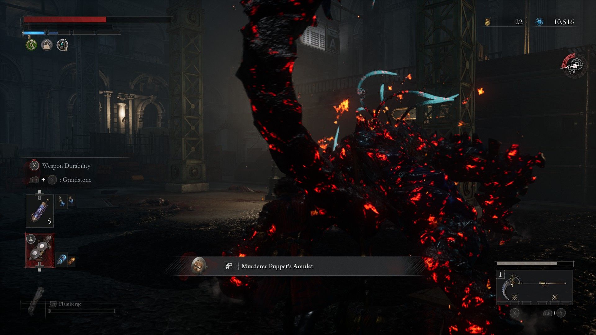 P defeats scorpion beast at Krat Central Station and receives the Murderer Puppet's amulet in Lies of P