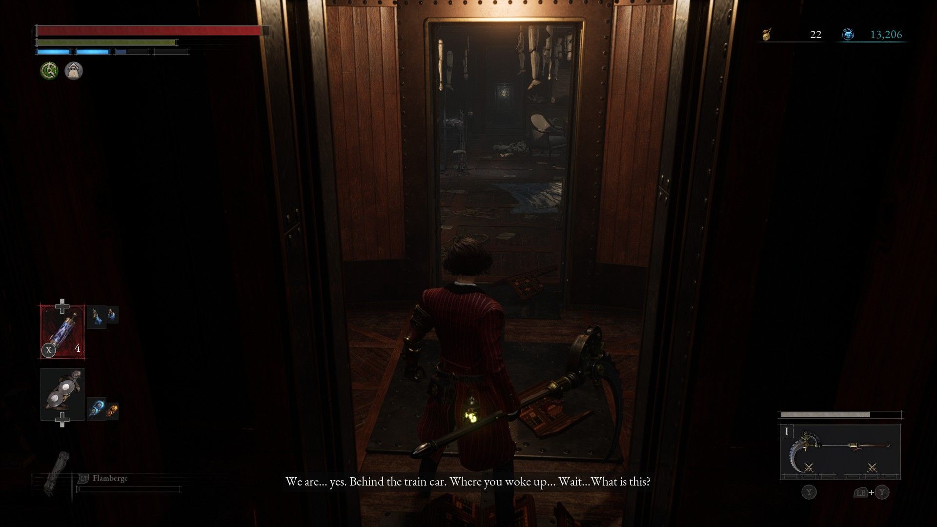 P rolls through wall to reveal secret area behind starting chair inside train in Lies of P
