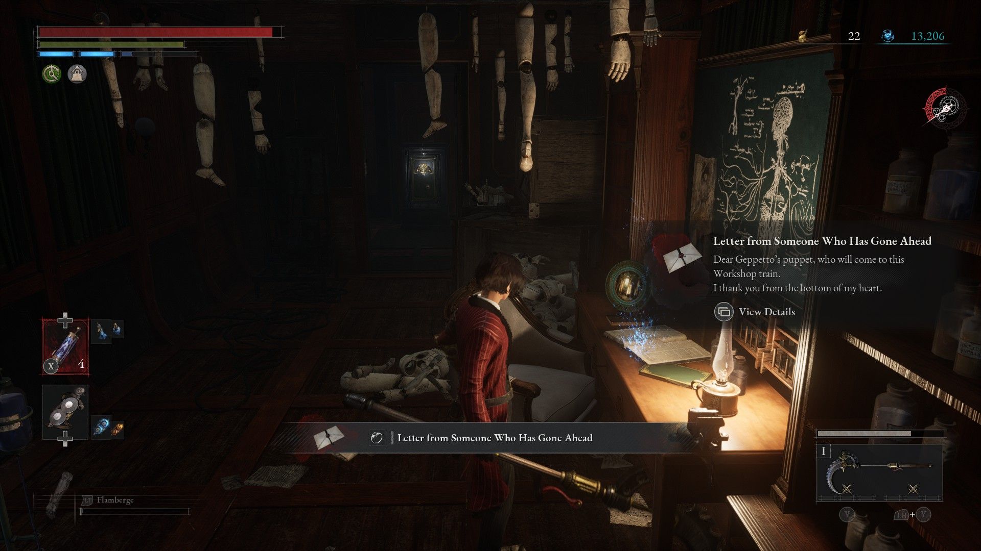P picks up a letter from the table in the secret back cart of the train in Lies of P