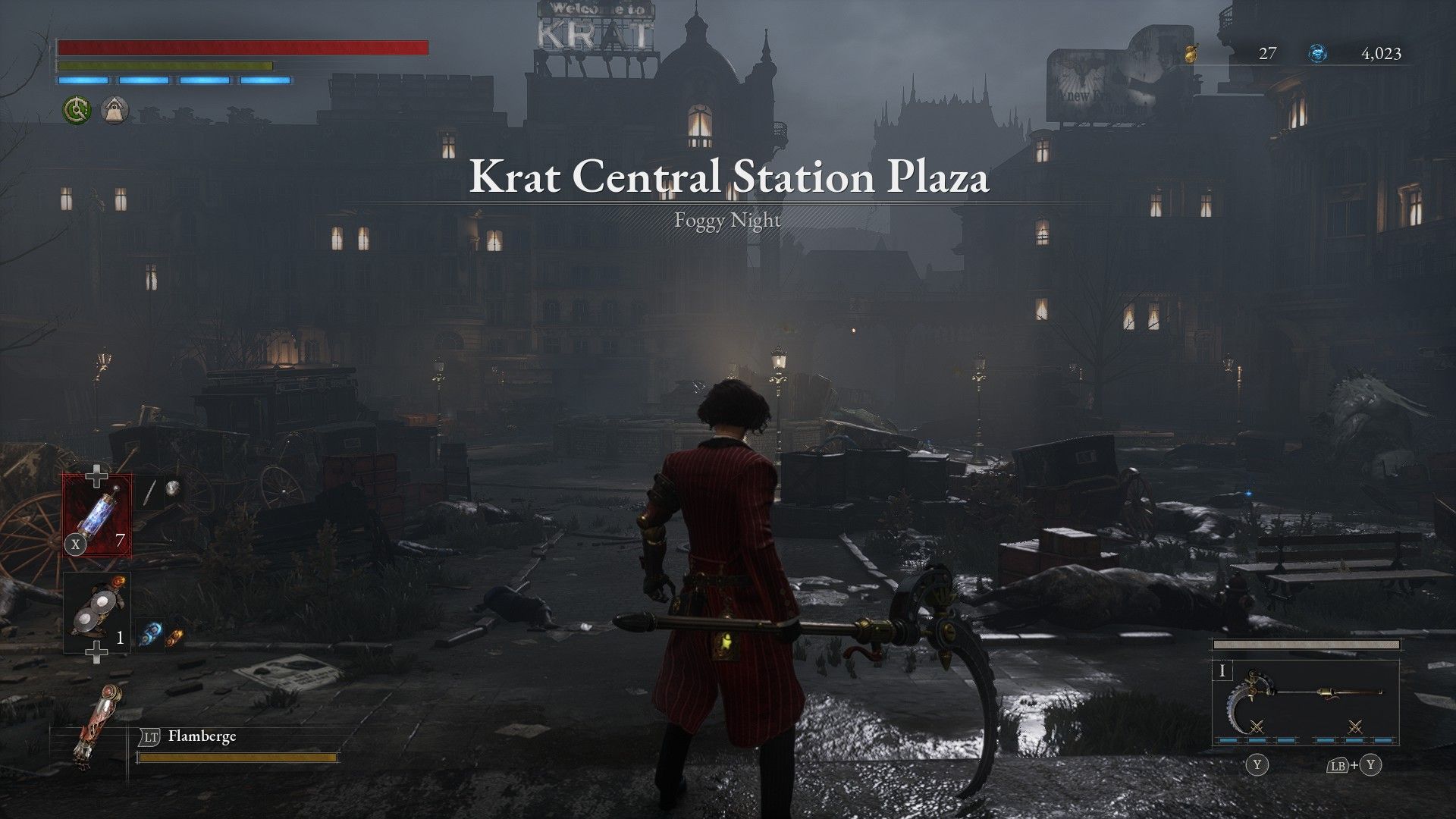 P looks out over Krat Central Station Plaza overrun with carcasses in Lies of P