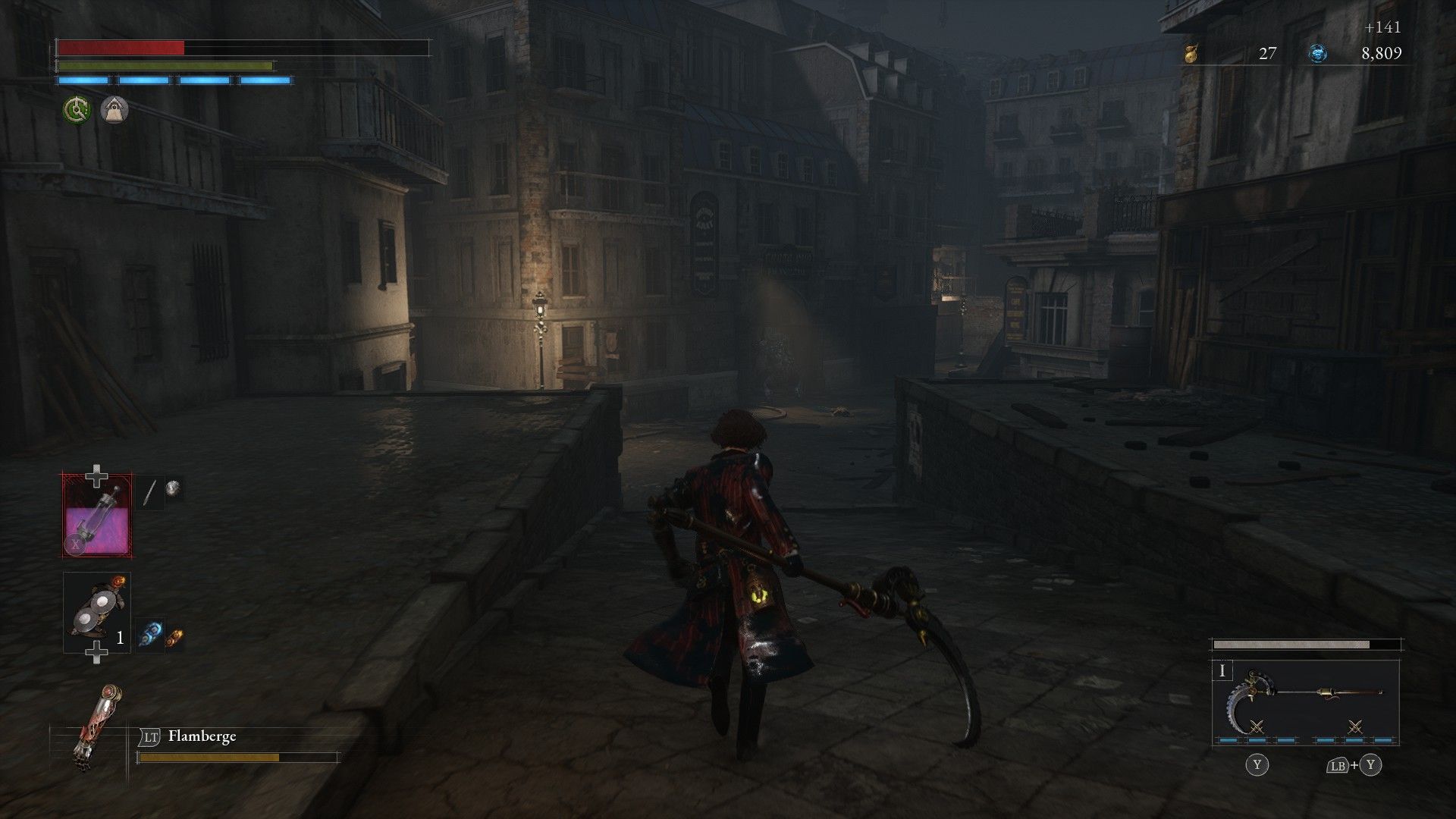 P goes down ramp toward miniboss carcass banging on central station plaza door in Lies of P