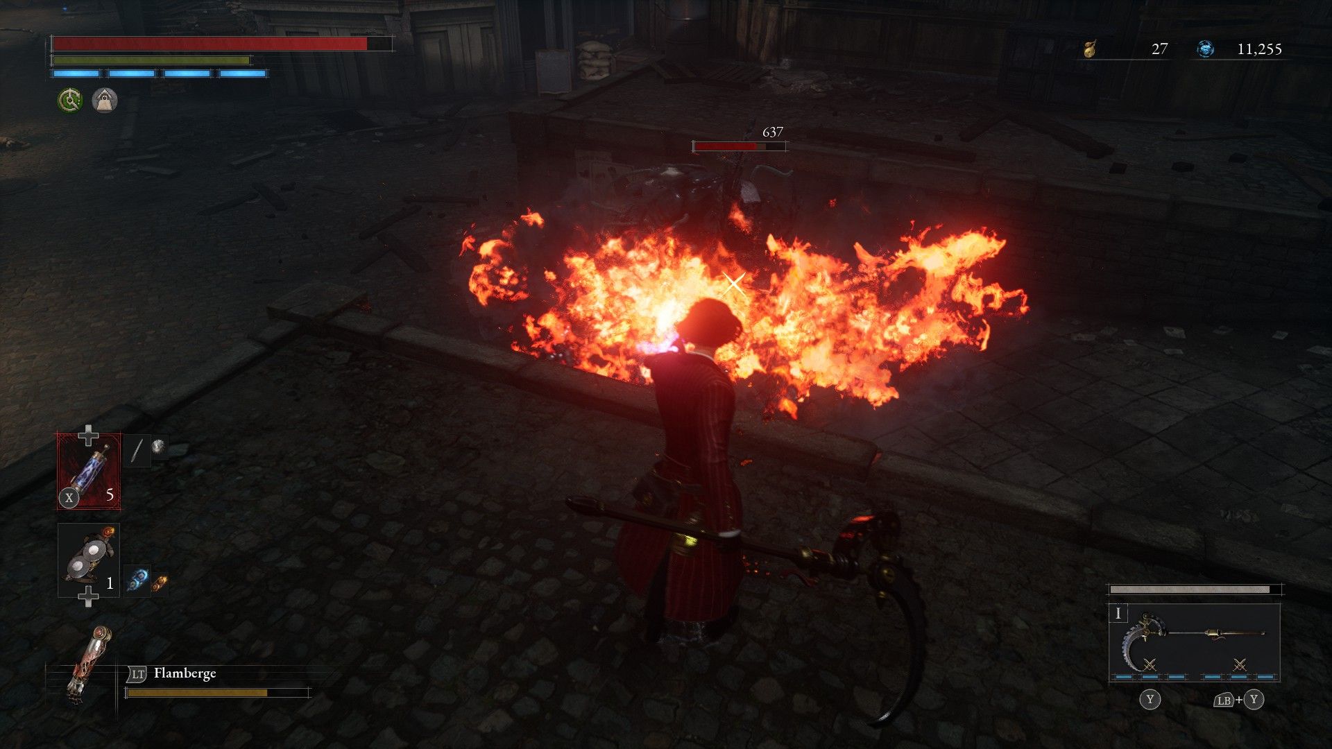 P stands on top of ledge using flamberge to defeat carcass miniboss in Lies of P
