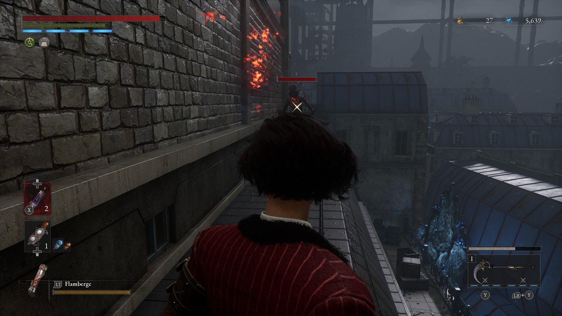 P locks onto Flamethrower Carcass that just used flame breath in Lies of P
