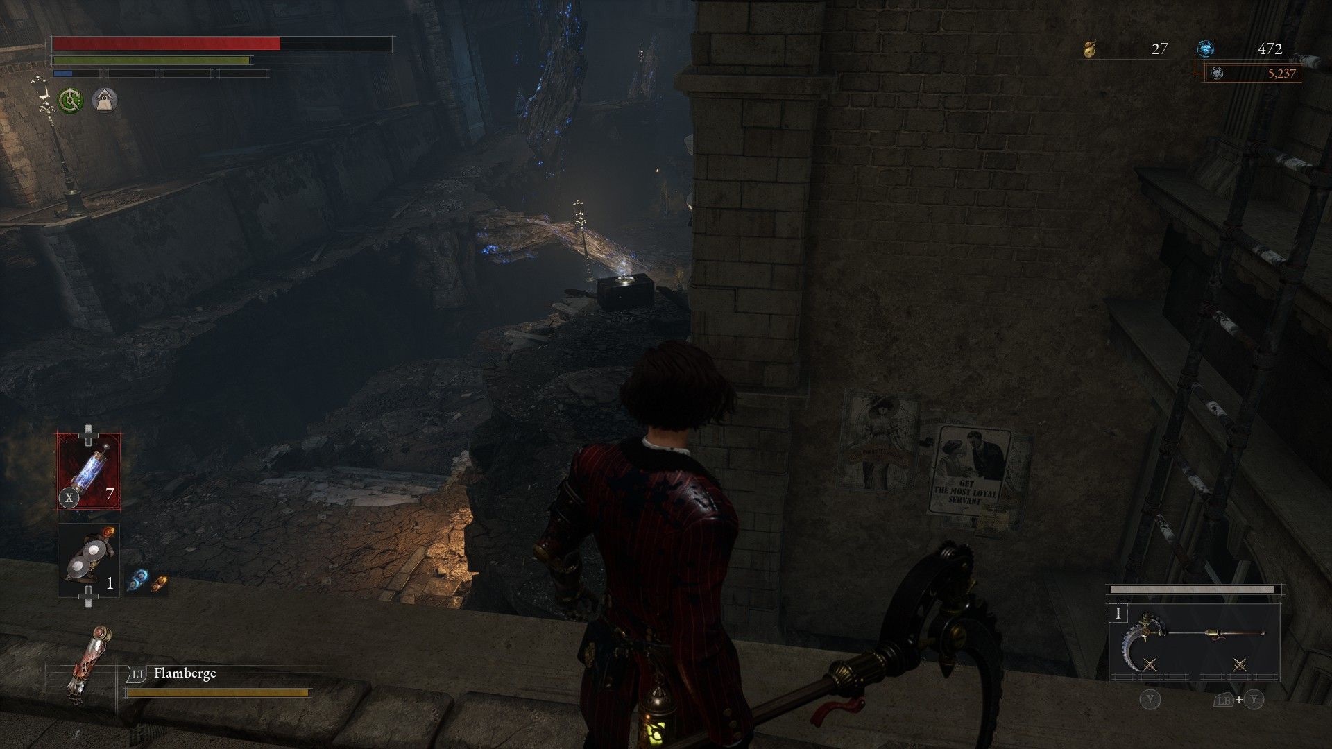 P locates secret chest below Walker of Illusions boss on ledge in Lies of P
