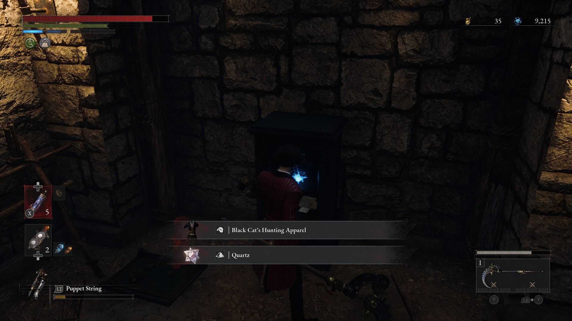 P receives the Black Cat's Hunting Apparel and a Quartz from Hermit's Cave safe in Lies of P