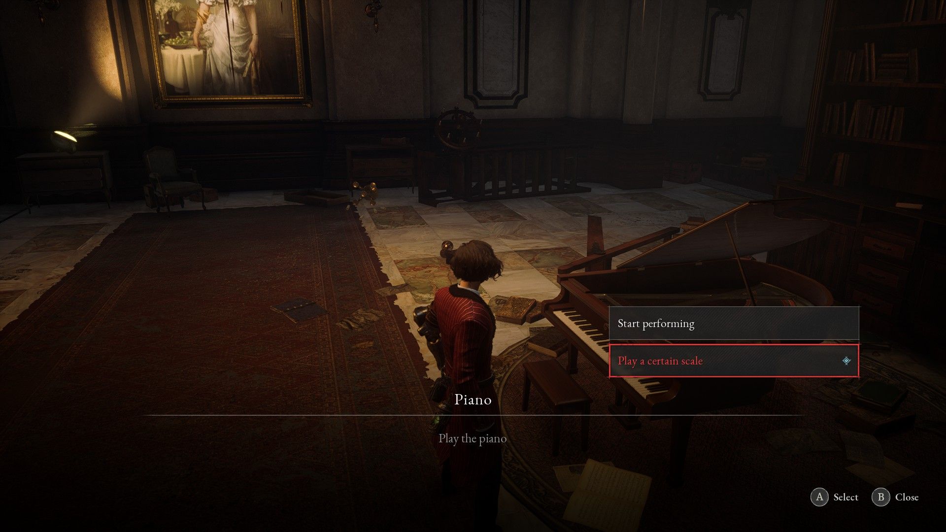 P plays a secret chord on the piano to open secret path behind Antonia's picture in Lies of P