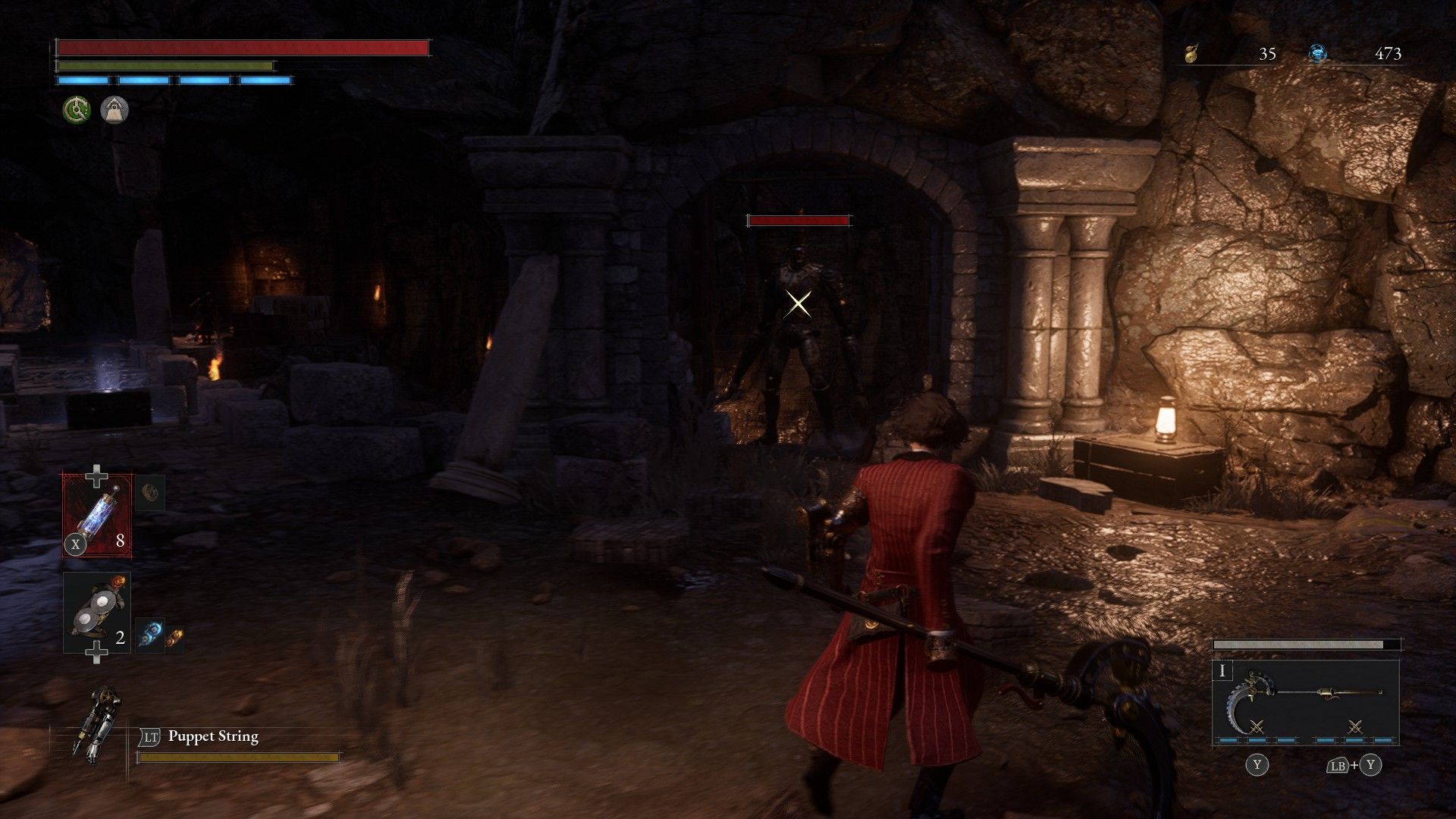 P looks to wall where Constable Miniboss has burst through in the Relic Lies of P
