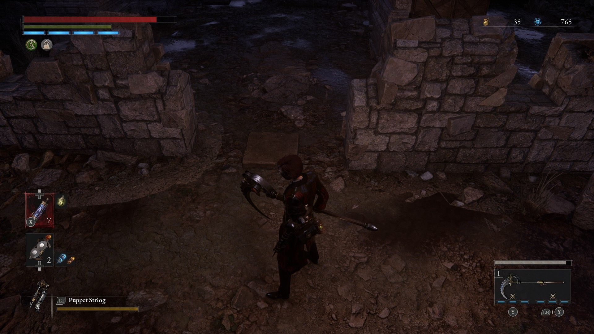 P turns on Monad's Lamp to see trap square on ground in ruins of the Relic of Trismegistus in Lies of P
