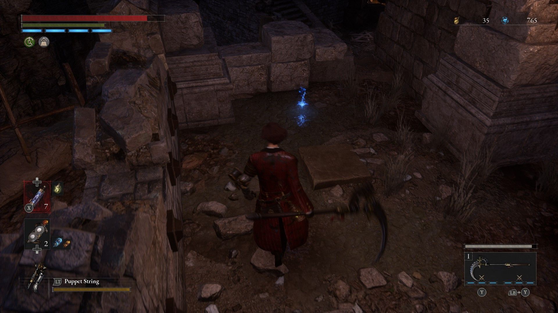 P looks to item beside Star Fragment in Relic Ruins and avoids trap square on ground in Lies of P
