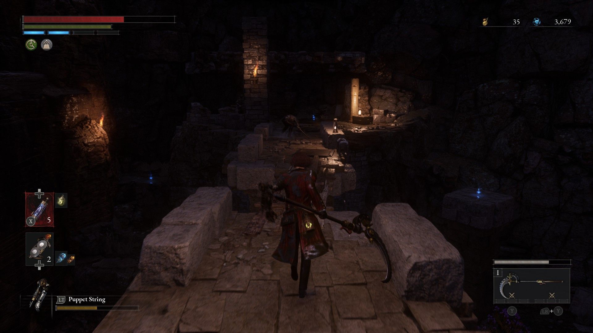 P goes down bridge toward puppet enemy and a number of glowing blue items in Relic of Trismegistus in Lies of P