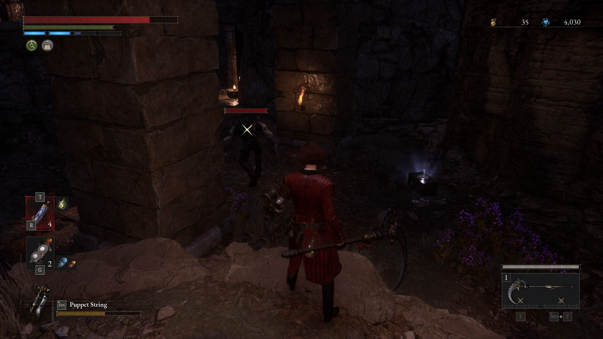 P locks onto Corrupted Strong Arm Puppet guarding a Legion Caliber chest in the dark Lies of P