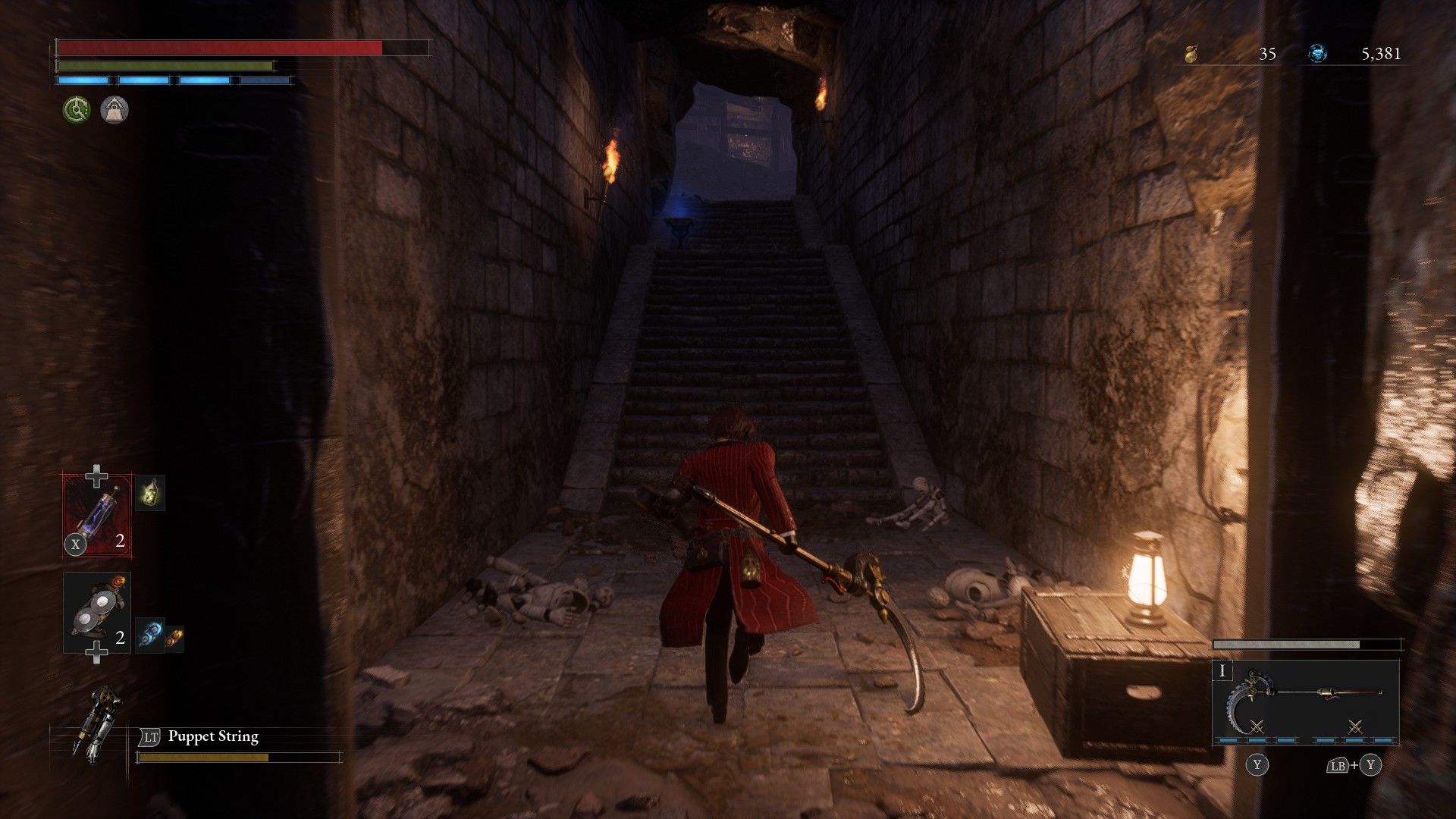 P runs toward the stairs to the Dark Rabbit Brotherhood boss room second try in Lies of P