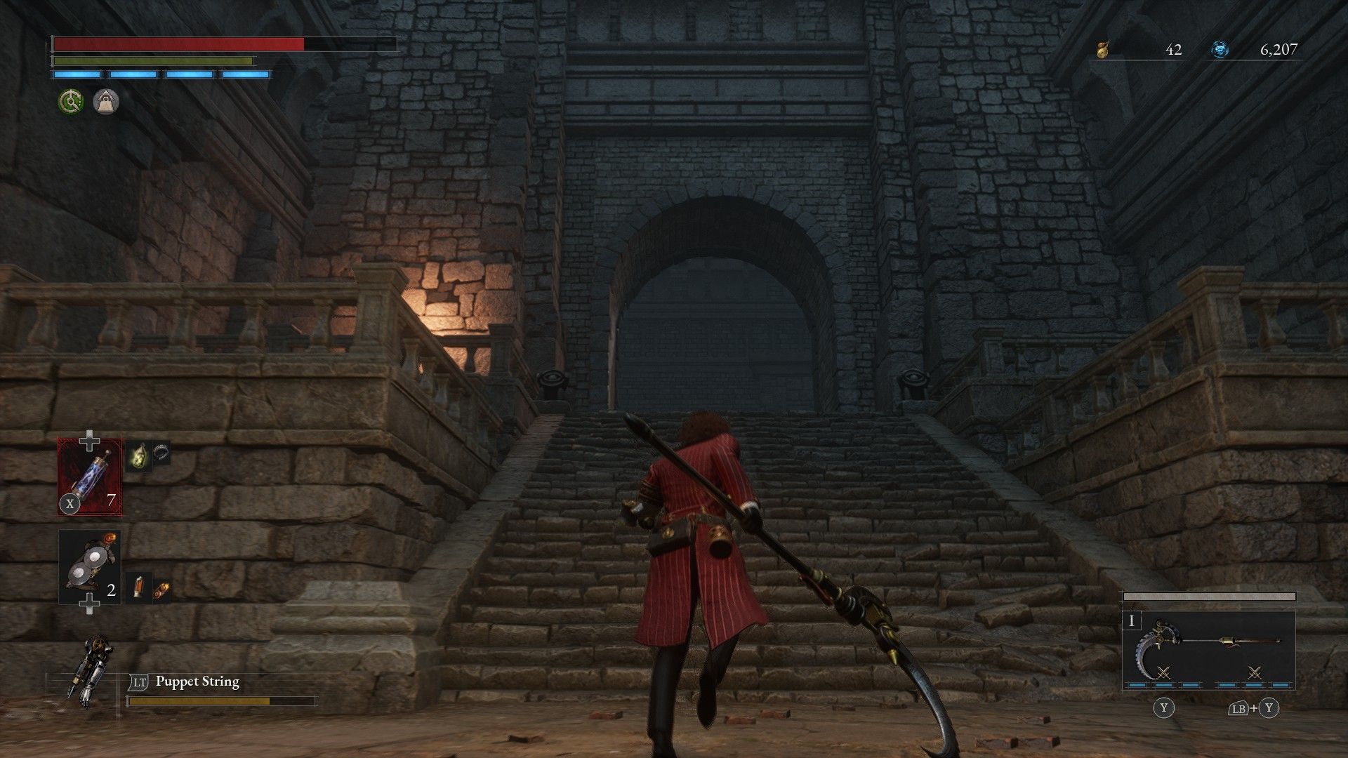 P goes up stairs to the gate where Door Guardian patrols in Lies of P