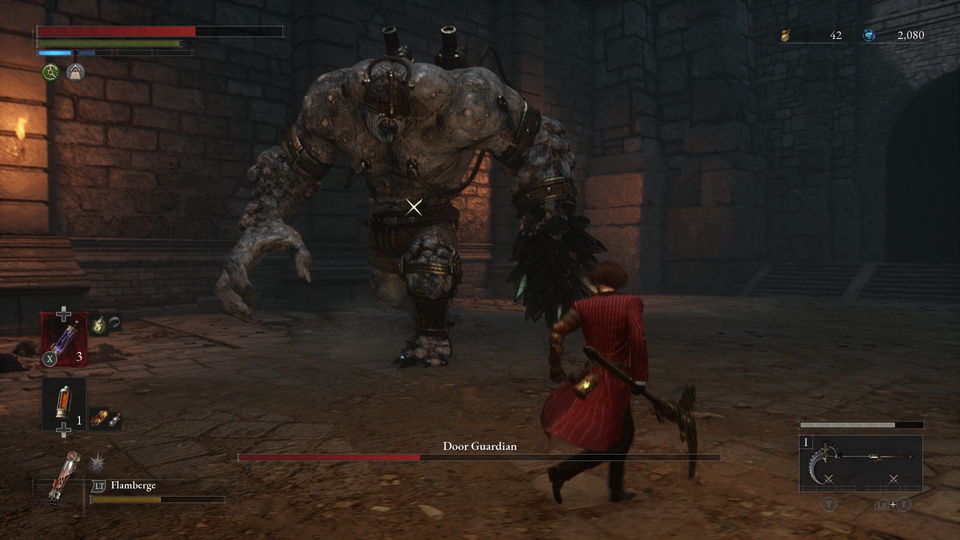 P with scythe walks to the right while locked onto Door Guardian in combat Lies of P