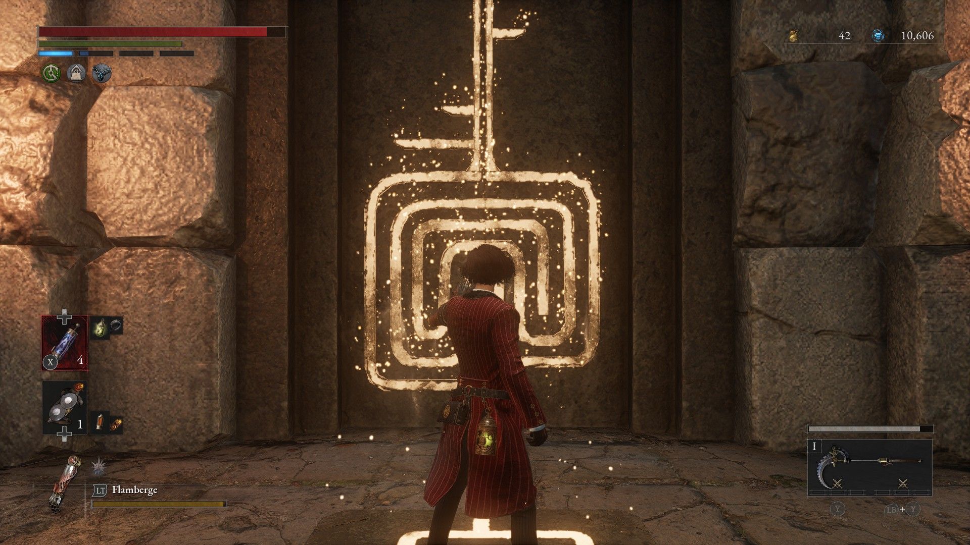 P holds up High Level Alchemist Badge to glowing door in Lies of P