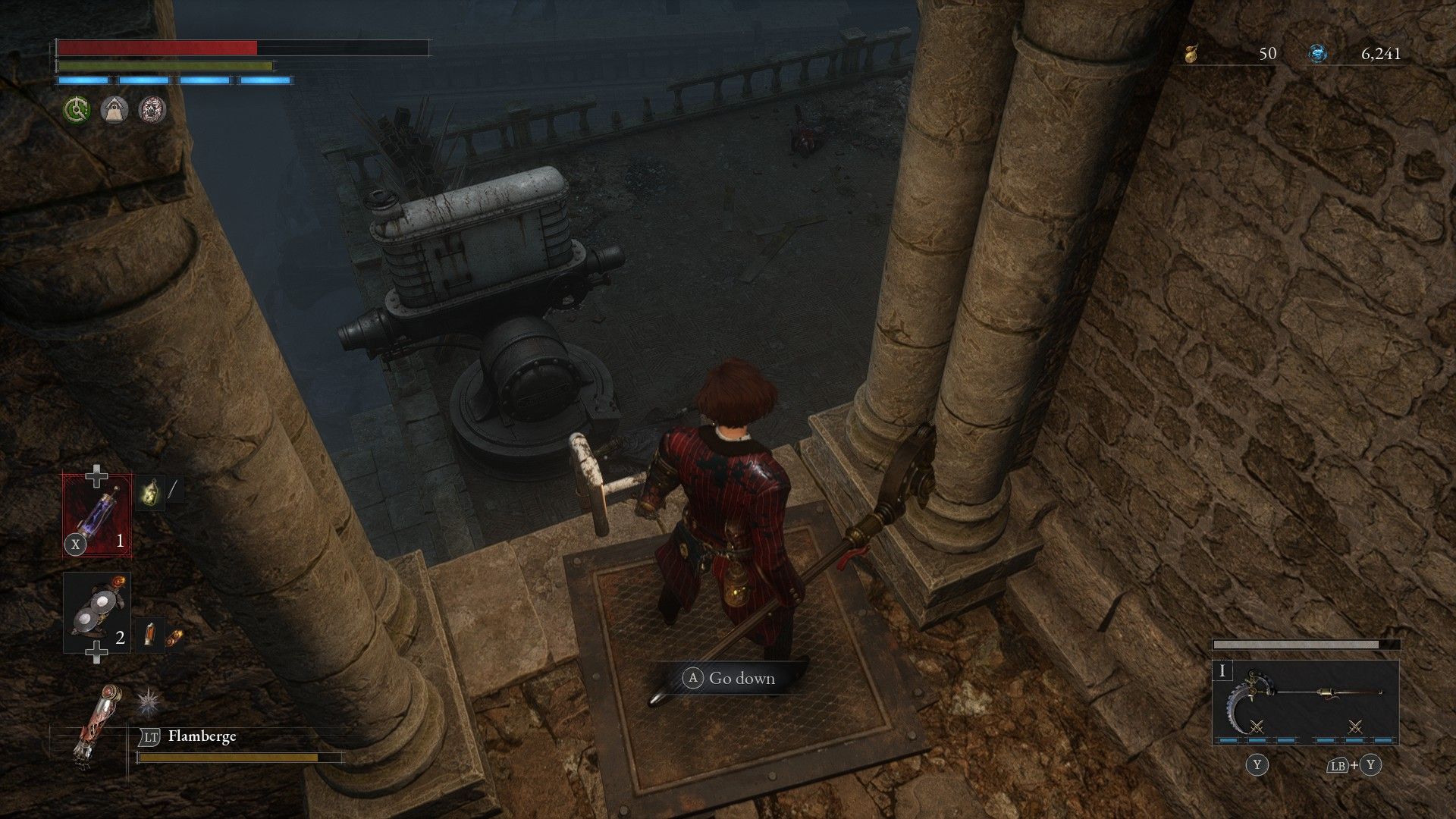P looks down from ladder to Outer Wall Artillery Machine as enemies return in Lies of P