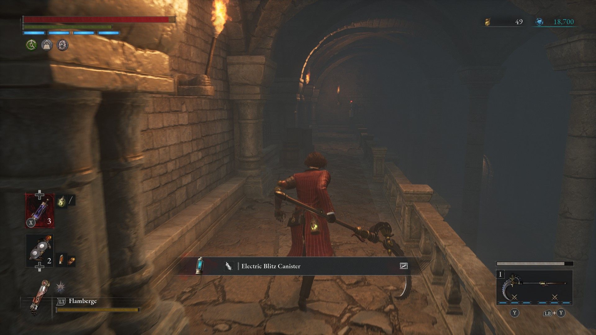 P picks up an Electric Blitz Canister and heads toward ladder shortcut switch for Broken Rift in Lies of P