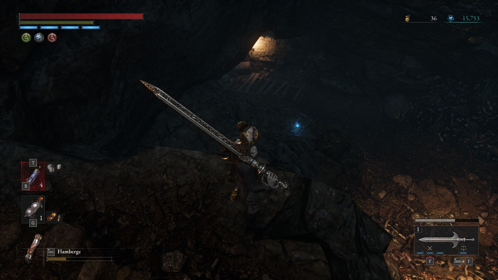 Motivity P looks down ledge to see Acid Canister below on way out of Barren Swamp in Lies of P