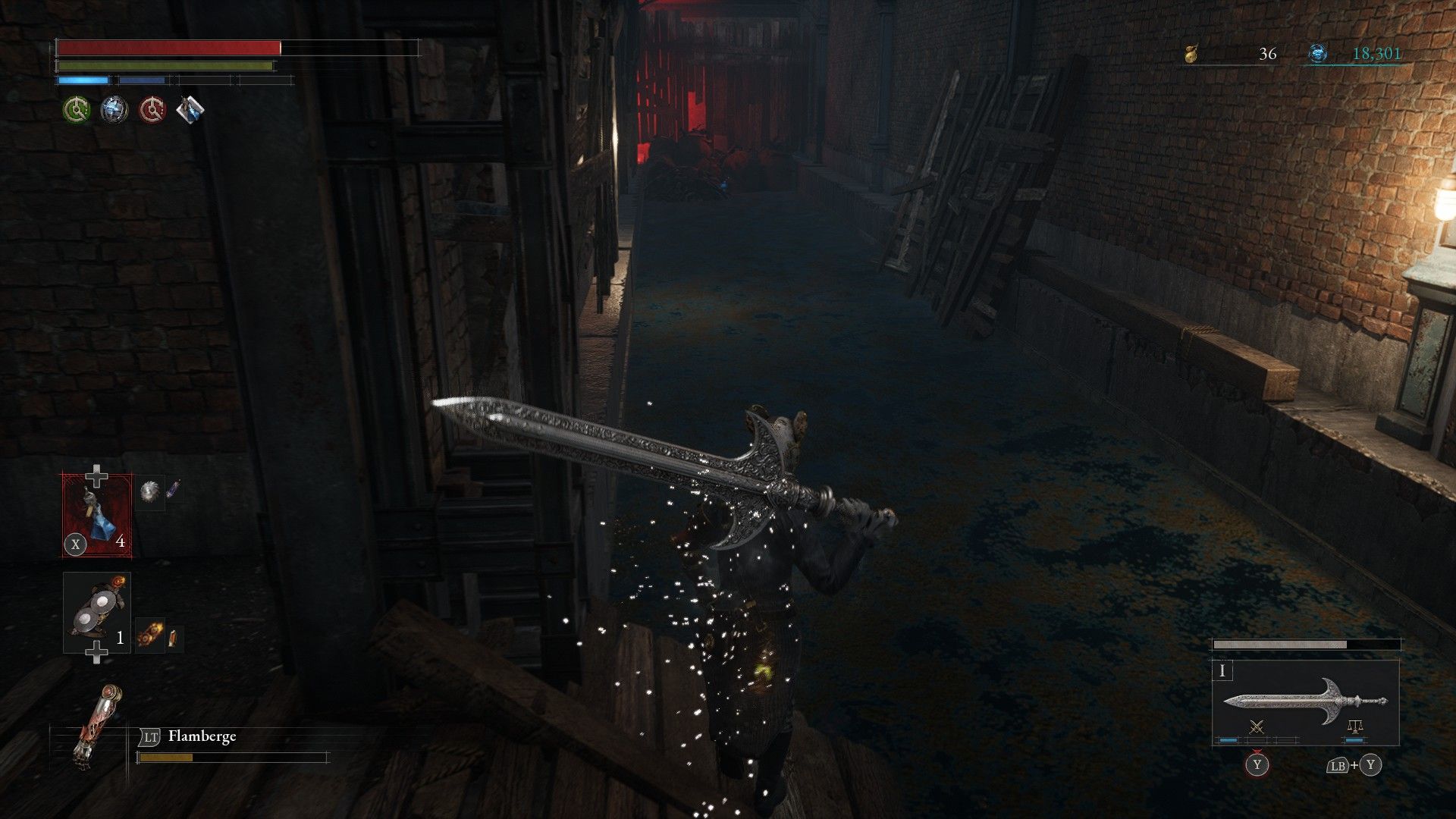 P looks down River of Decay outside Krat Central Station after using Attribute Resistance Ampoule in Lies of P