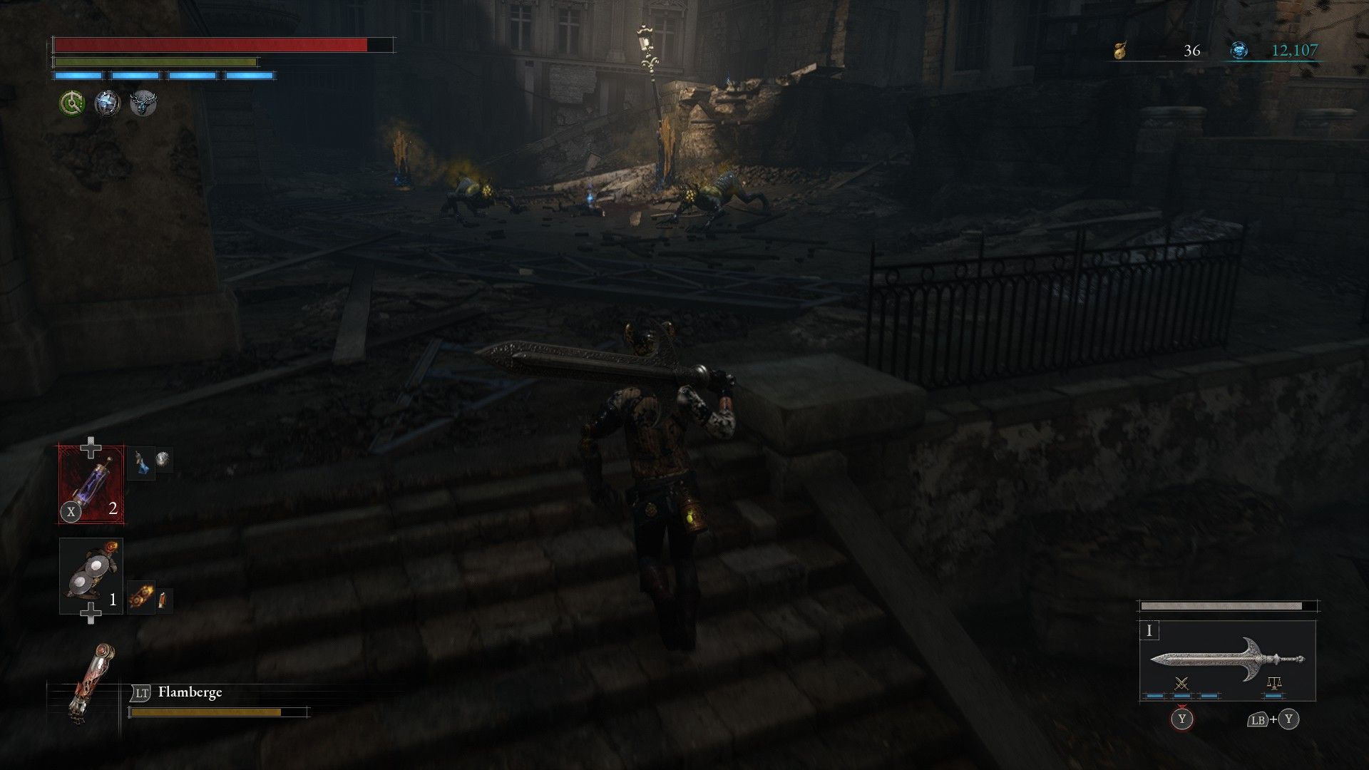 P goes up flight of stairs to spot Disruption Dogs chewing on corpse unaware of third nearby in Lies of P