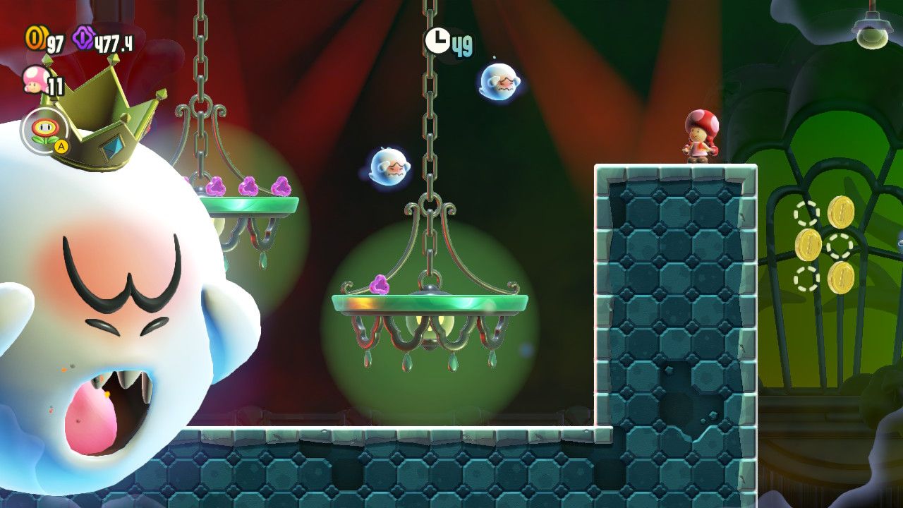 fire toadette facing king boo and small boos in light switch mansion