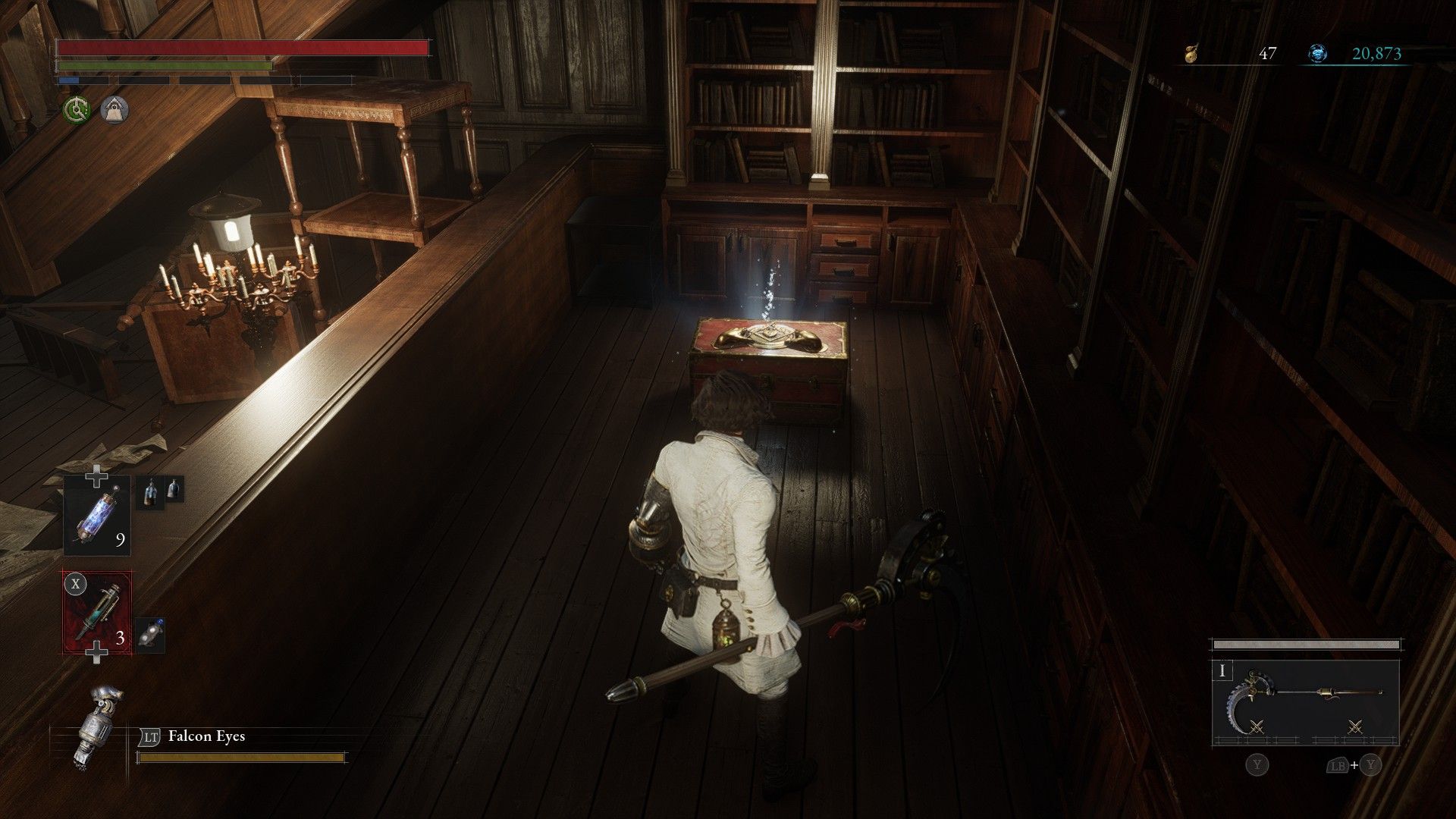 P finds chest hiding behind the bar in Malum District Town Hall after Brotherhood fight in Lies of P
