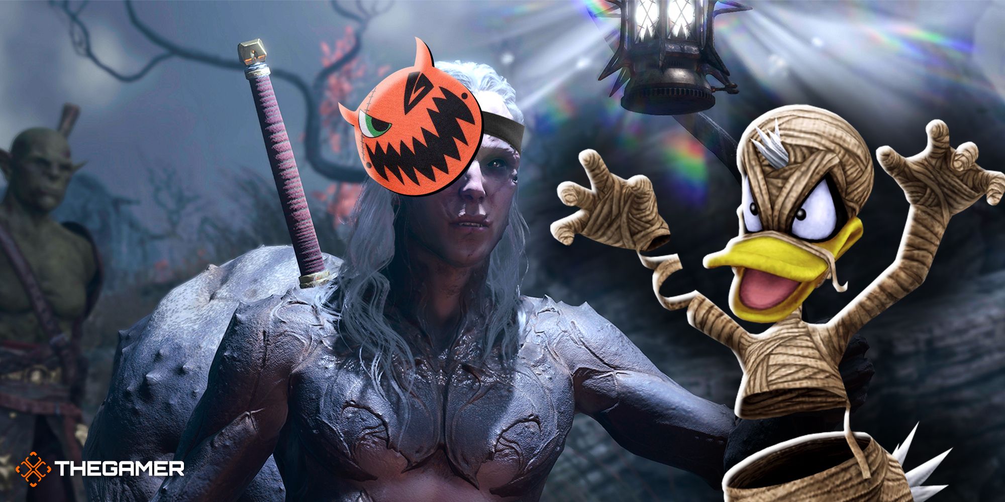 Baldur's Gate 3 characters in the Shadow-Cursed Lands with Daffy Duck in a mummy costime and a mean Jack-o-lantern