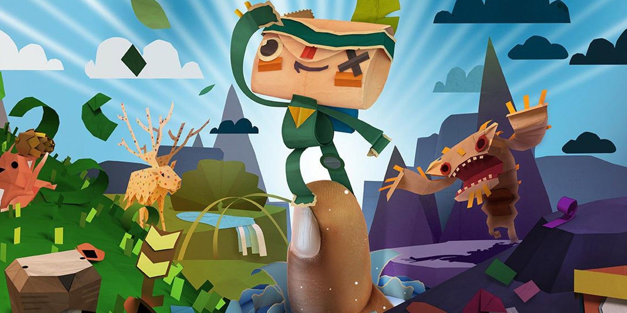 Iota staring off into the distance in front of paper monsters and animals.