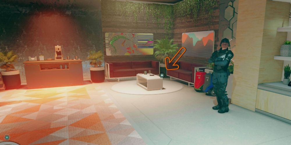 screenshot in Starfield of couches on 5th floor where the lost room keycard is